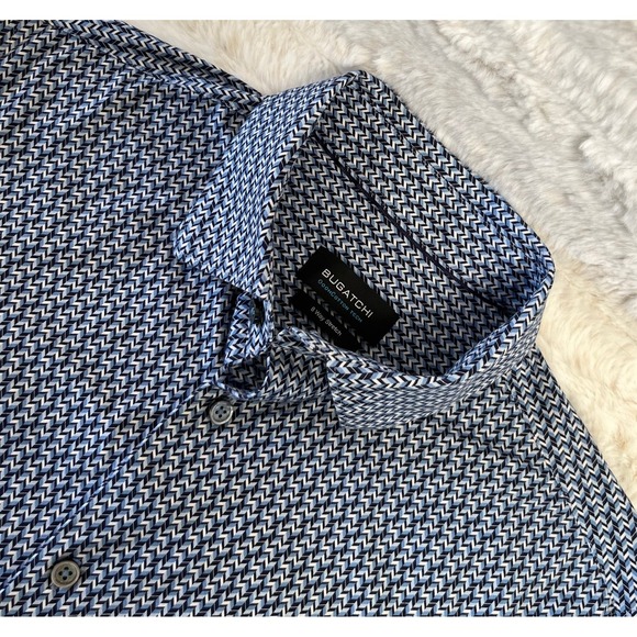 Bugatchi 8 Way Stretch Long Sleeve Shirt Men Medium Classic Blue Multicolor - Picture 1 of 9